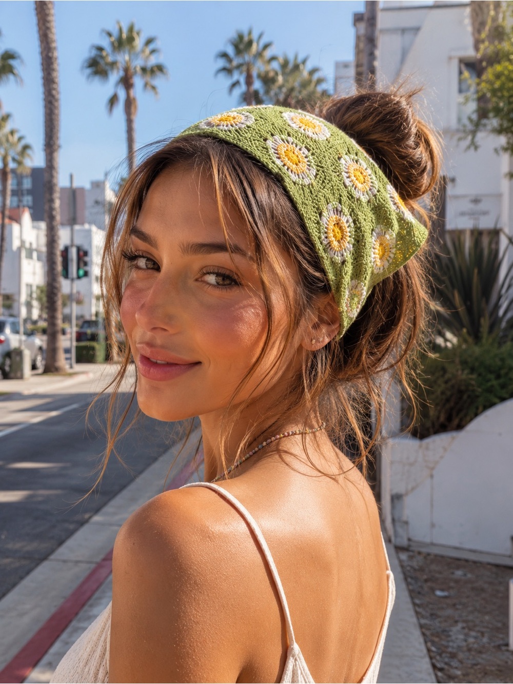 Crochet Square Headscarf - green woth white & Yellow